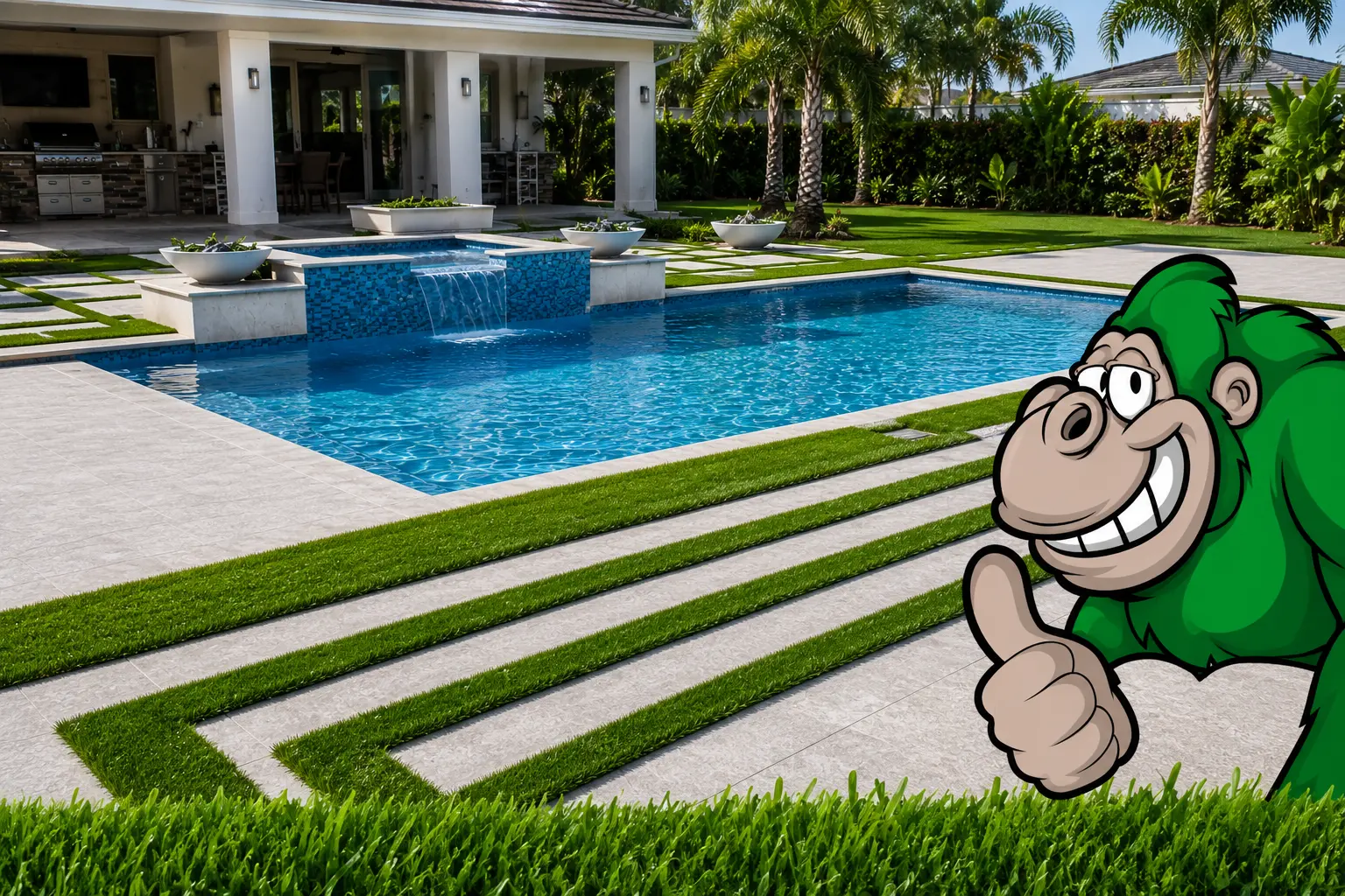 Artificial turf and paver pool deck installed by Green Gorilla Turf in Florida